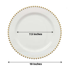 10-Pack Plastic 10" Round Dinner Plates in White with Gold Beaded Rim - Disposable Party Plates for Banquets & Festive Occasions