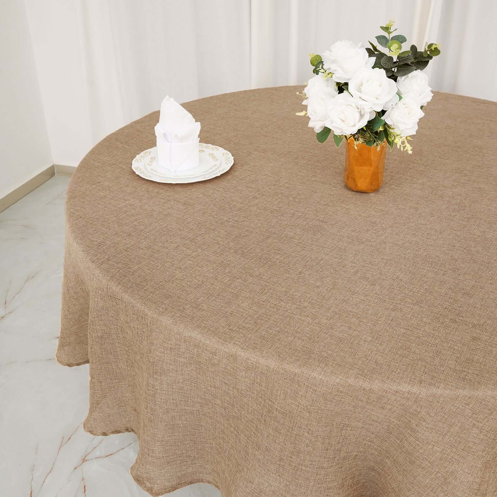 Faux Burlap Jute 90" Round Tablecloth Natural - Rustic Event Table Linen