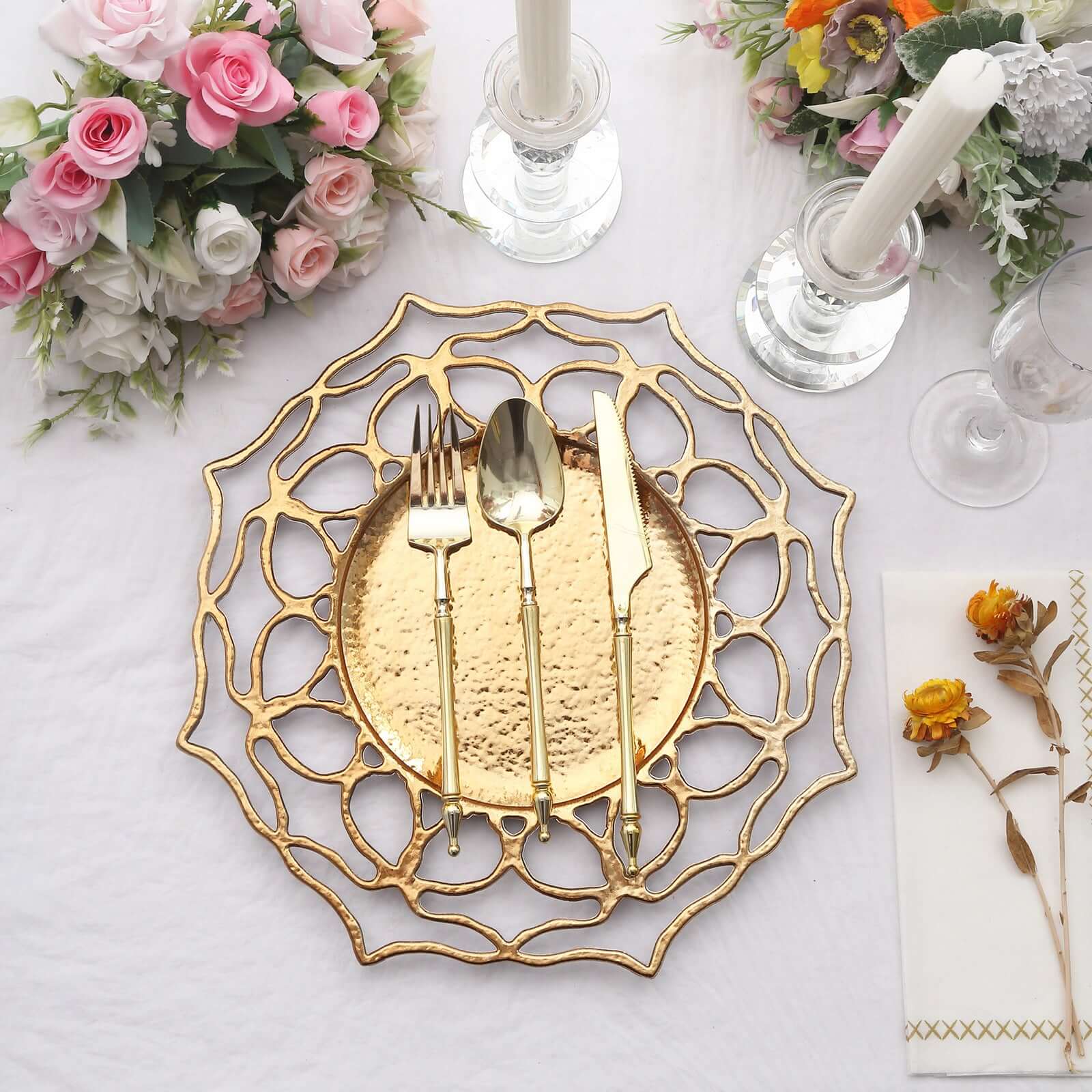 6-Pack Acrylic Round Charger Plates 13" in Gold with Floral Cutout Design, Hollow Flower Plastic Decorative Dinner Party Charger Tableware