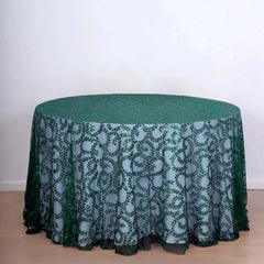 Tulle 120" Round Tablecloth Hunter Emerald Green - Seamless Sequin Leaf Embroidered Table Cover