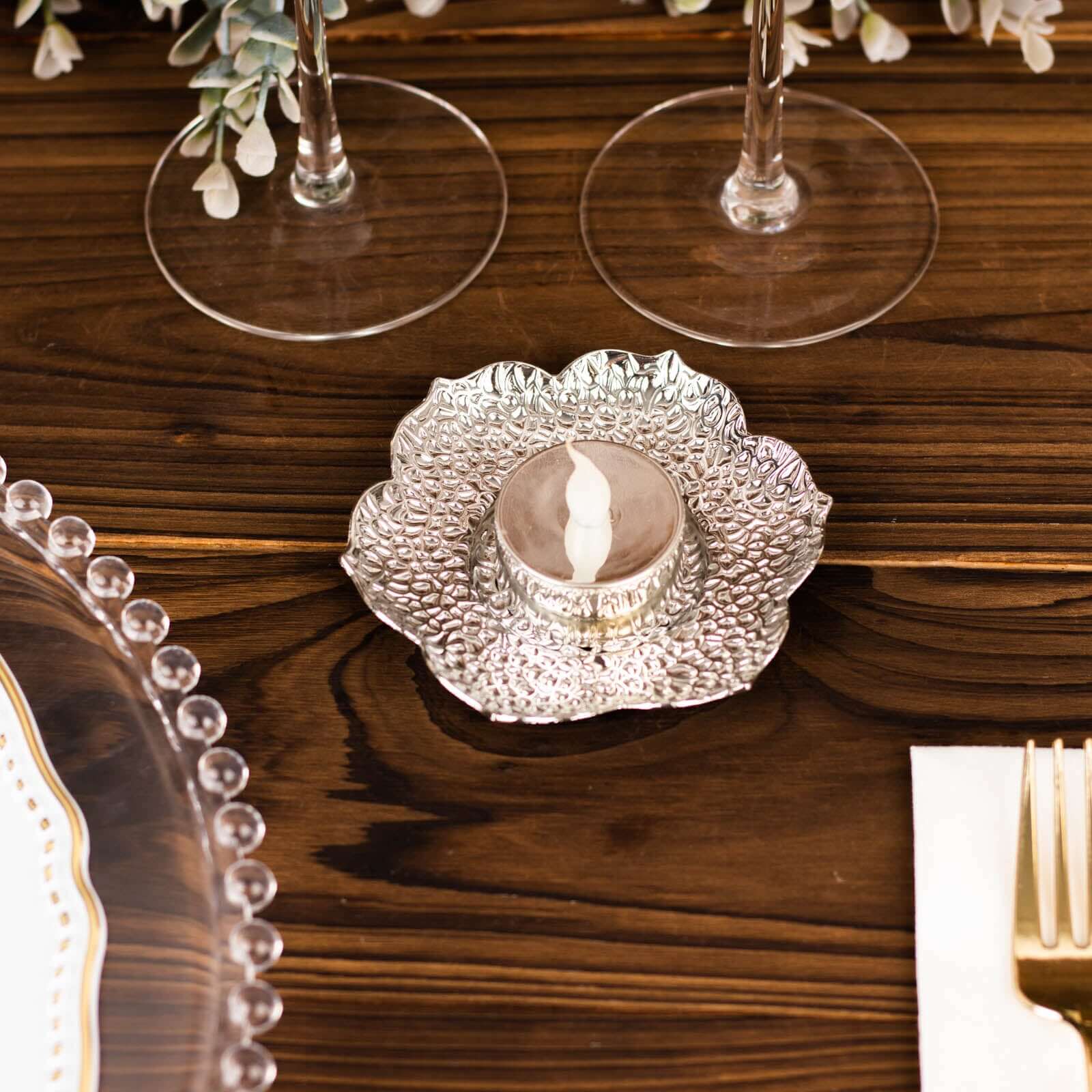 3-Pack Metal Votive Candle Holders Plum Blossom Design Shiny Silver - Vintage Mini Tea Cup Saucers 4"