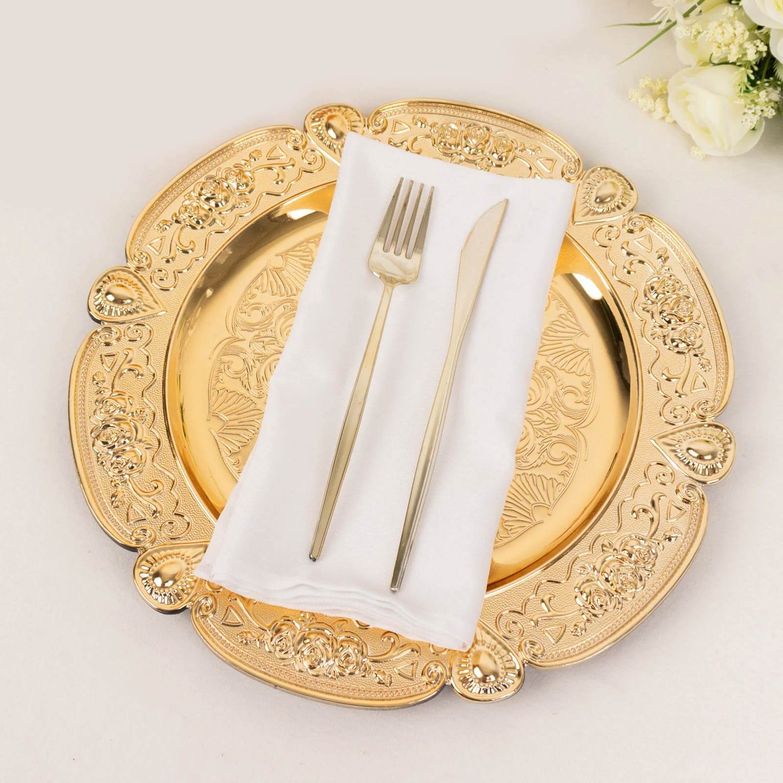 6-Pack Acrylic Round Charger Plates 13" in Gold Floral Embossed with Scalloped Rim, Plastic Decorative Charger Tableware