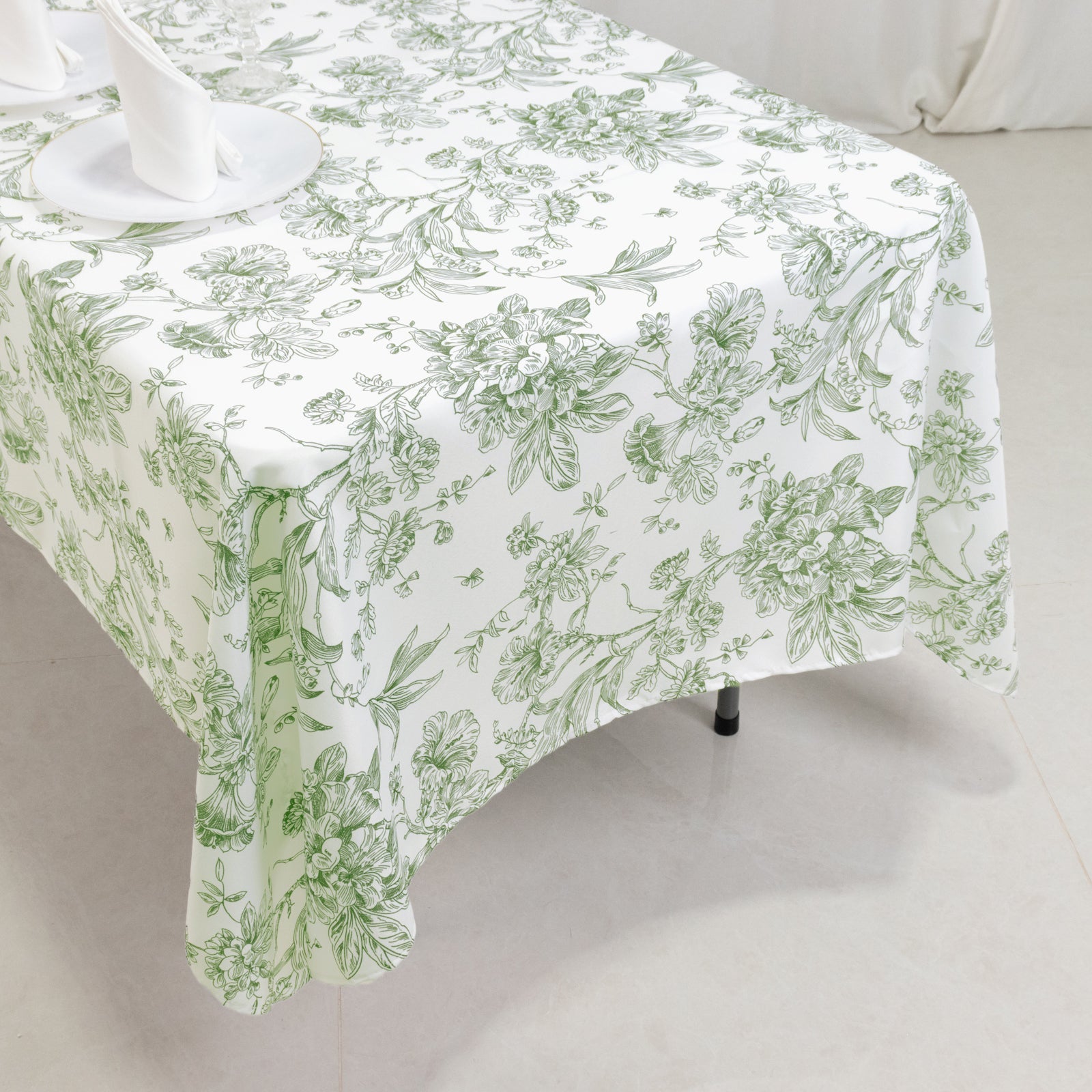 Polyester 60"x102" Rectangle Tablecloth White - Dusty Sage Green French Toile Pattern for Elegant Gatherings