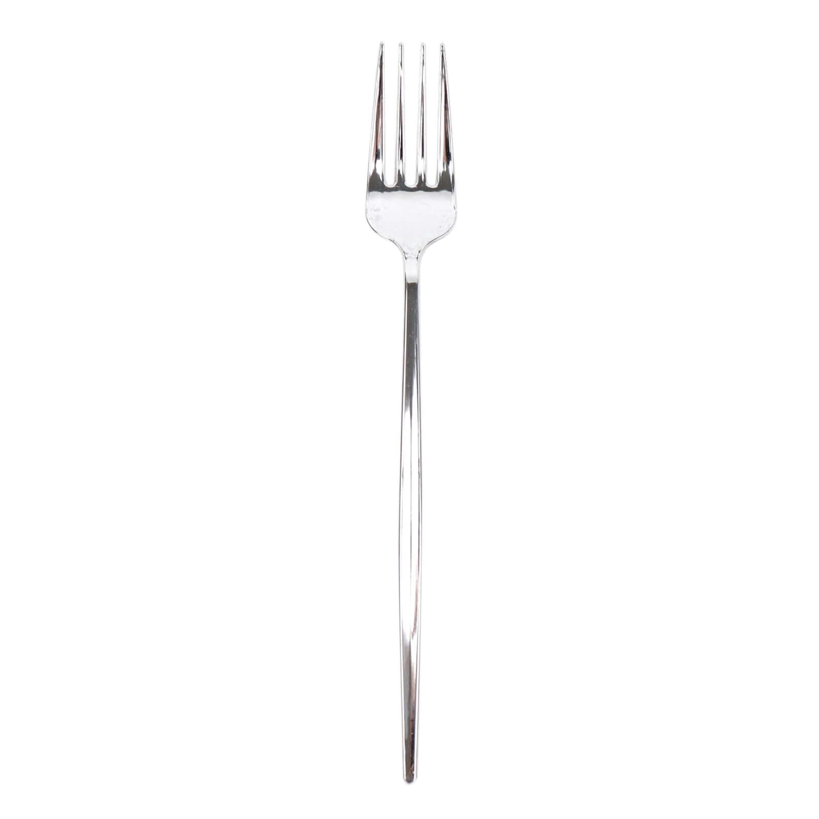 24 Pack 8" Glossy Silver Heavy Duty Plastic Silverware Forks, Shiny Cutlery, Premium Disposable Flatware