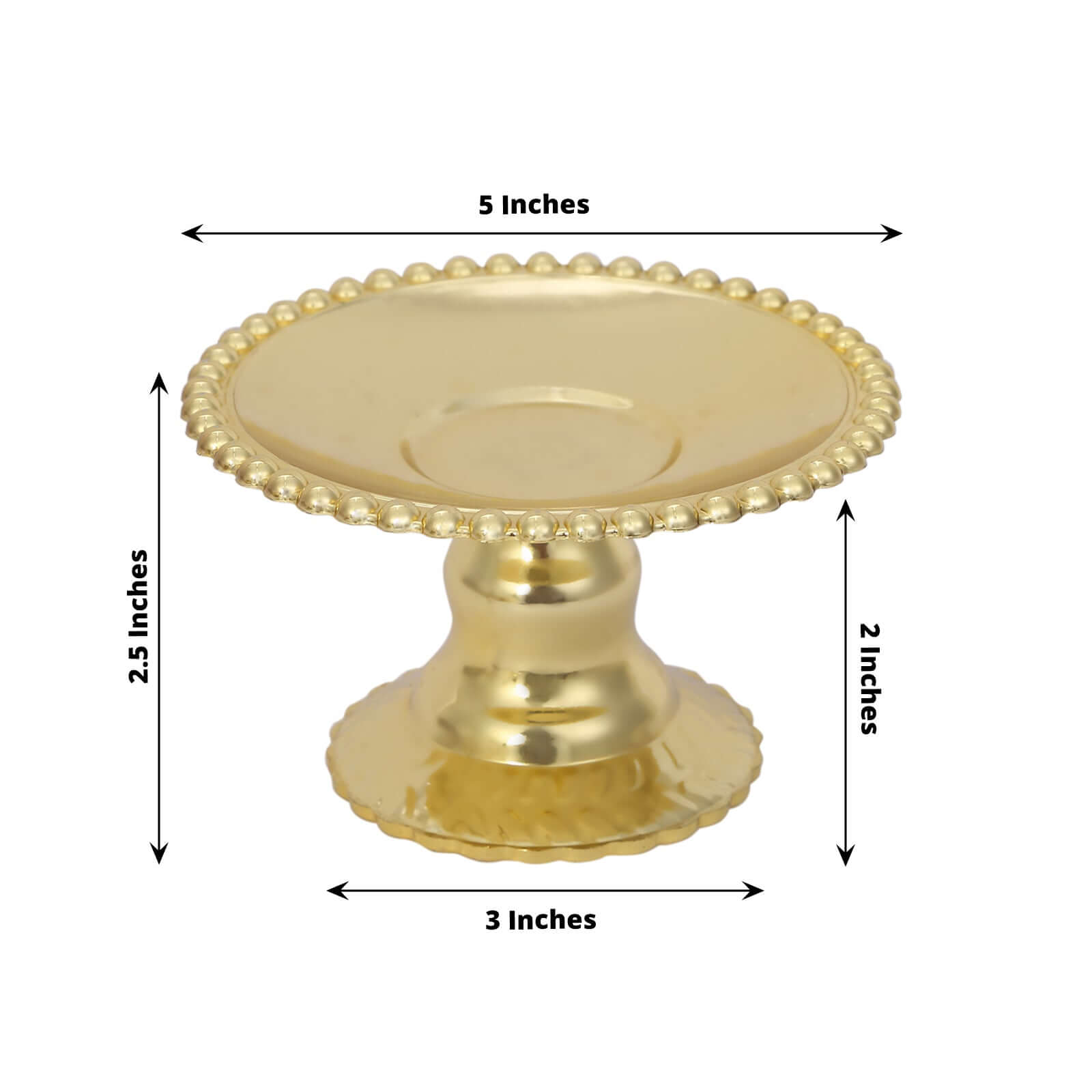 12-Pack Plastic Pedestal Cupcake Plates Mini Gold Mirror Finish Beaded Rim - Great for Displays 5"