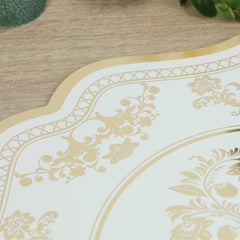 10 Pack Cardboard Paper Table Mats with White Gold Damask Floral Pattern, 13" Round Disposable Placemats with Scalloped Rim - 400 GSM
