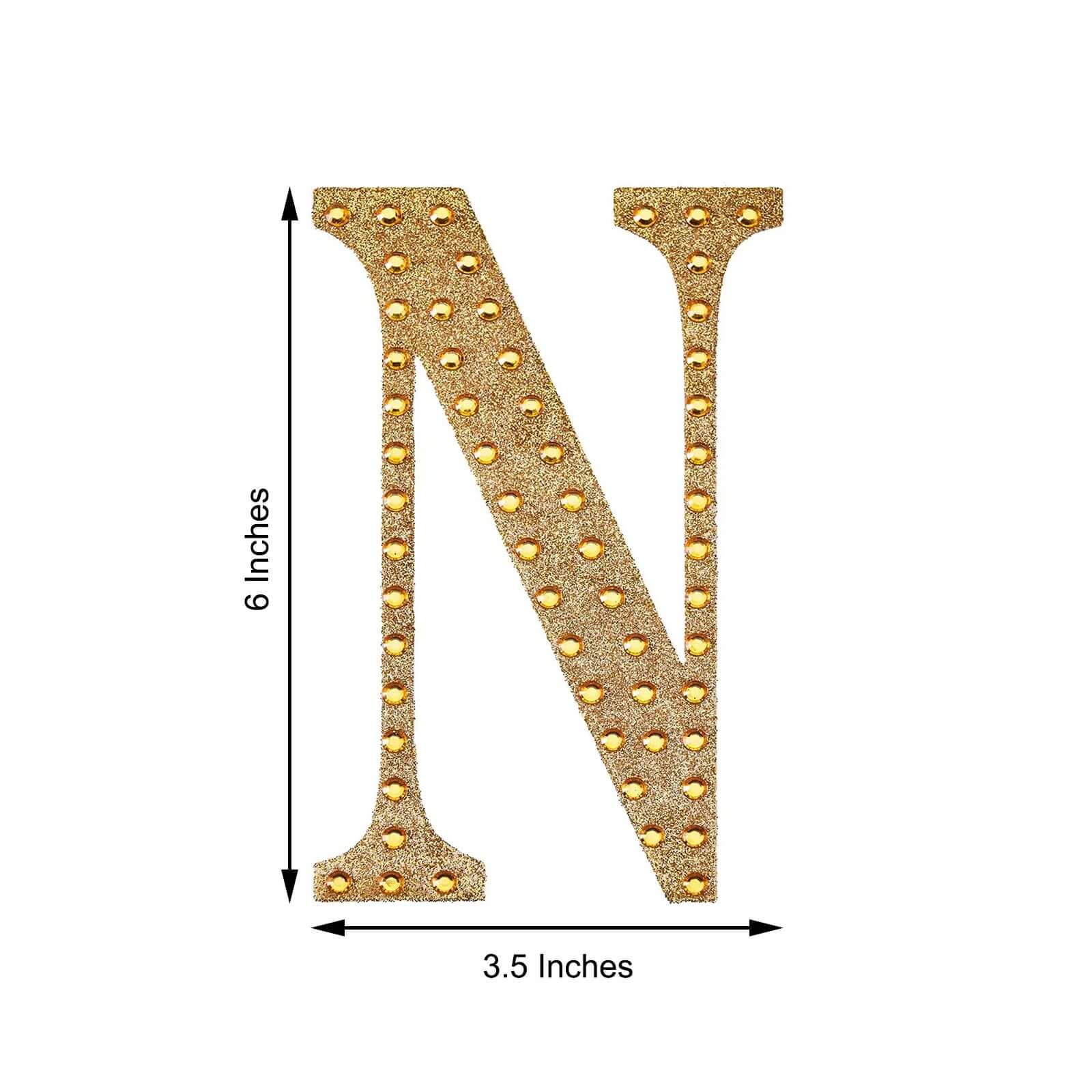 Decorative Rhinestone Alphabet "N" Letter Stickers, Glitter Adhesive Craft Letters Gold DIY Sparkle Embellishments 6"