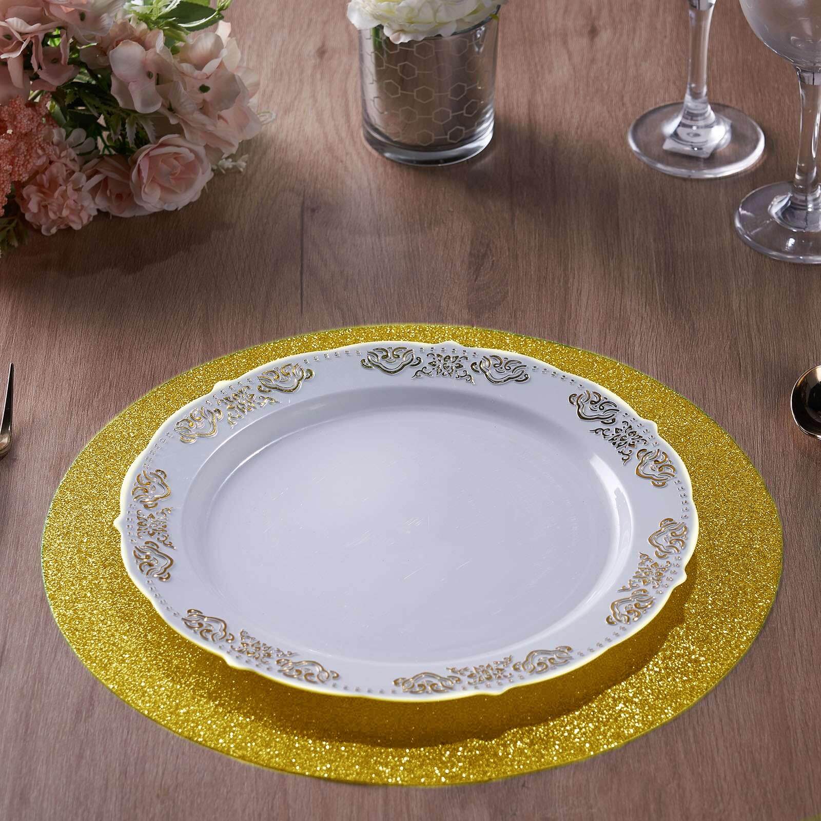 6-Pack Placemats Glitter Design Gold Sparkle Round - Non-Slip Decorative Dining Table Mats 13"