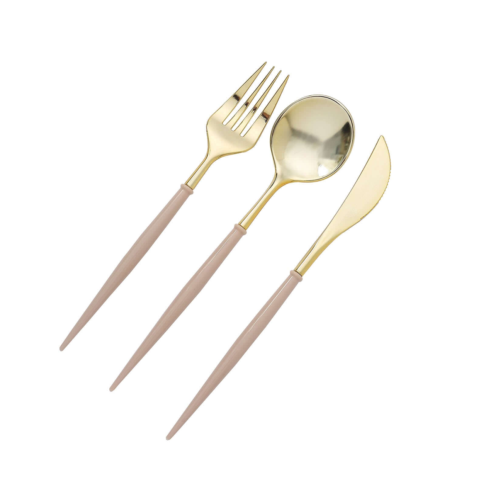 24-Pack Plastic Flatware Set in Metallic Gold with Beige Handle - Heavy Duty Disposable Modern Silverware 8"