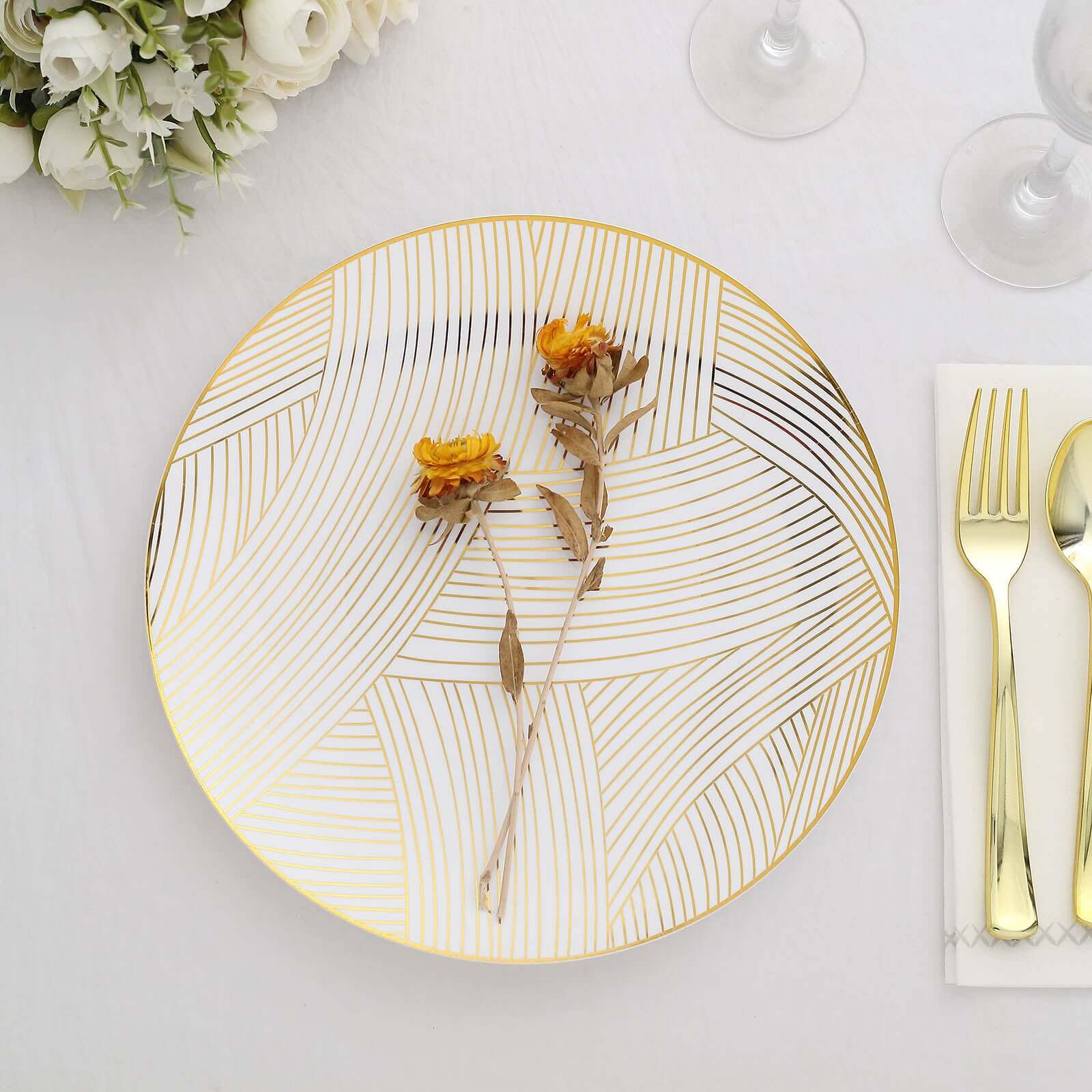 10-Pack Plastic 10" Round Dinner Plates in White with Gold Wave Brush Strokes Pattern - Disposable Party Plates for Modern & Classy Table Decor