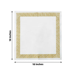 25 Pack Linen-Like Paper 5"x5" Napkins White with Gold Greek Key Design - Hygienic Disposable Airlaid Party Napkins