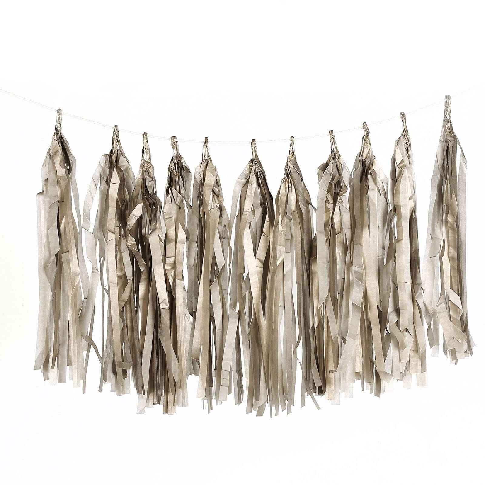 12 Pack Pre-Tied Antique Gold Paper Fringe Tassels With Garland String, Hanging Streamer Banner