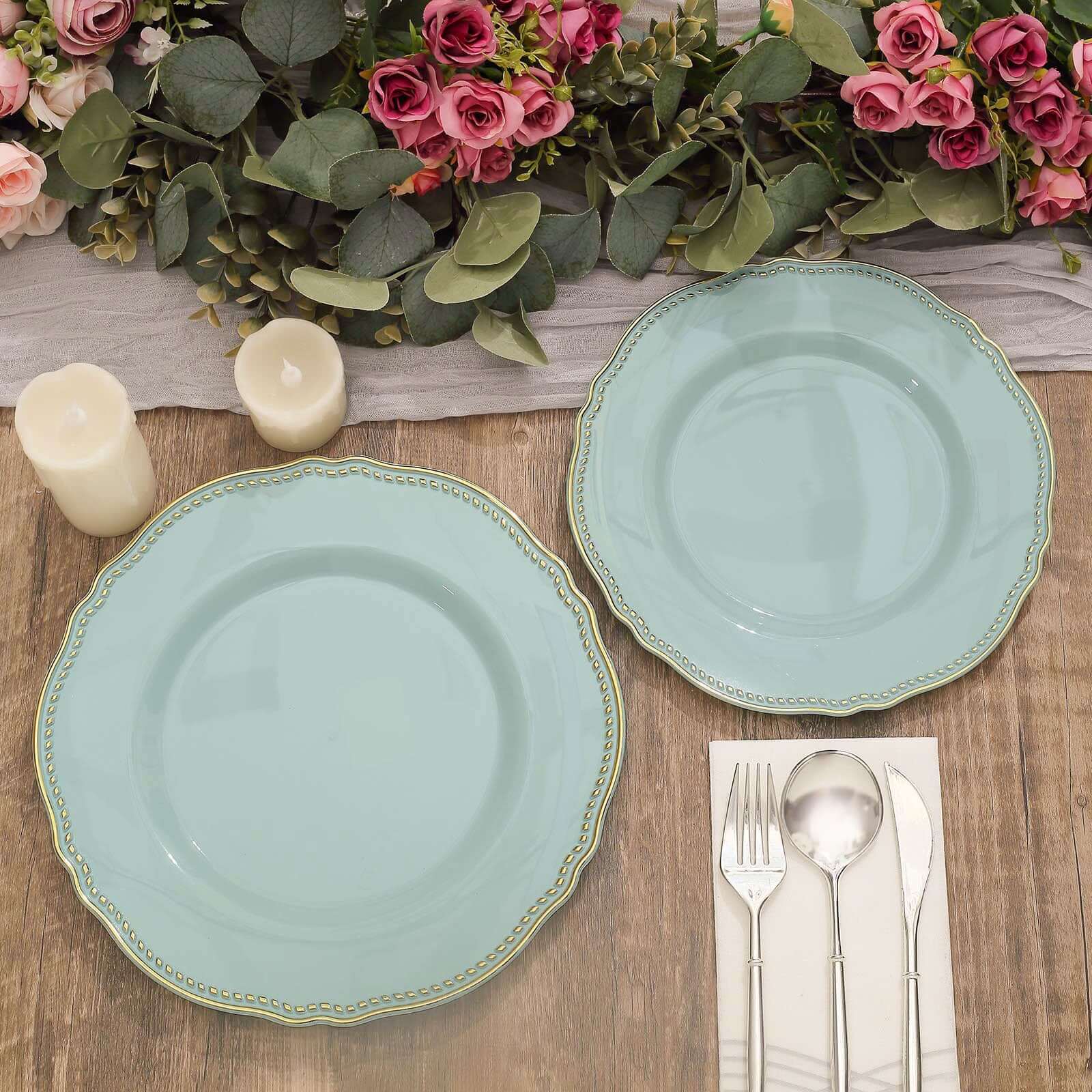 10-Pack Plastic 10" Dinner Plates in Jade with Gold Scalloped Rim - Disposable Large Party Plates