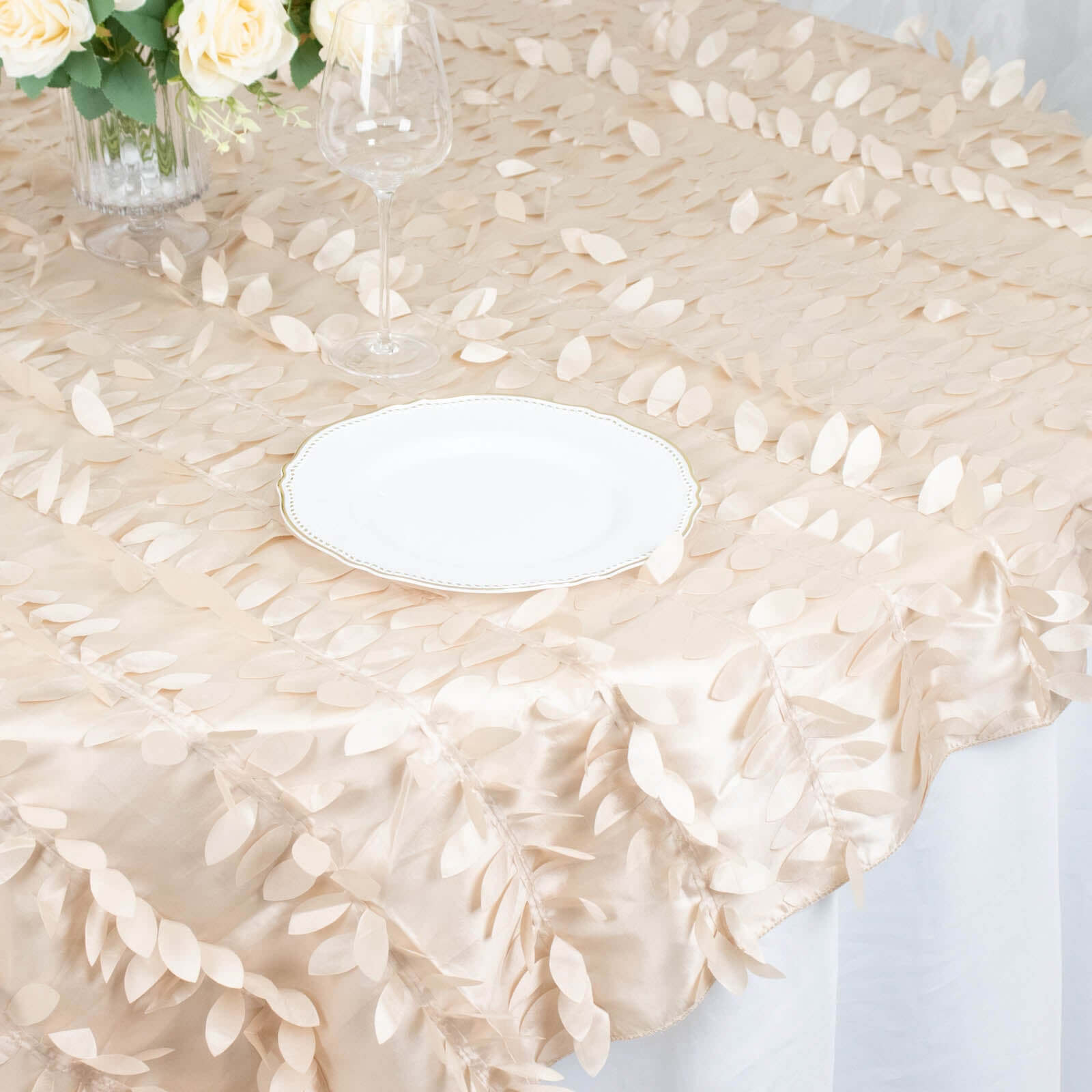 Taffeta 72"x72" Table Overlay Square Tablecloth Beige - 3D Leaf Petal Table Cover