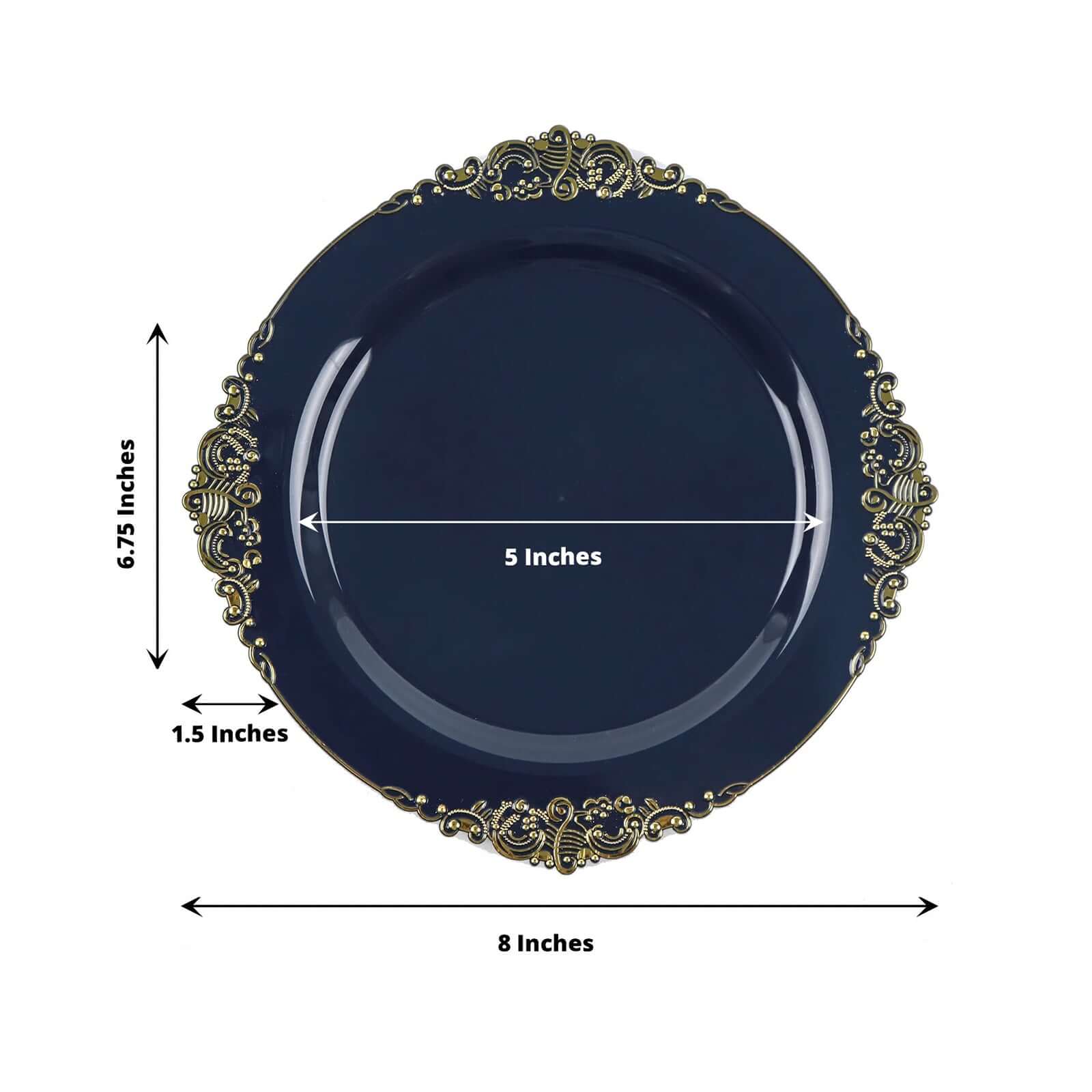 10-Pack Plastic 8" Round Dessert Plates in Navy Blue with Gold Leaf Embossed Rim - Disposable Vintage Baroque Style Salad Plates