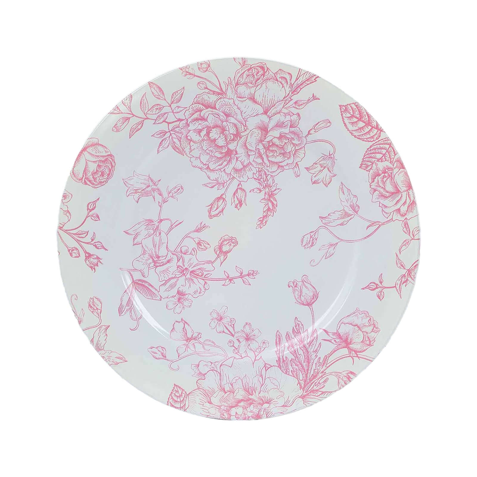 6-Pack Acrylic Round Charger Plates 13" in White with Pink Floral French Toile Pattern, Decorative Dinner Party Charger Tableware