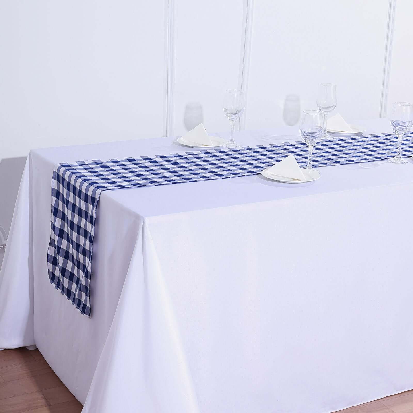 Polyester 14"x108" Table Runner Navy Blue/White - Gingham Plaid Design