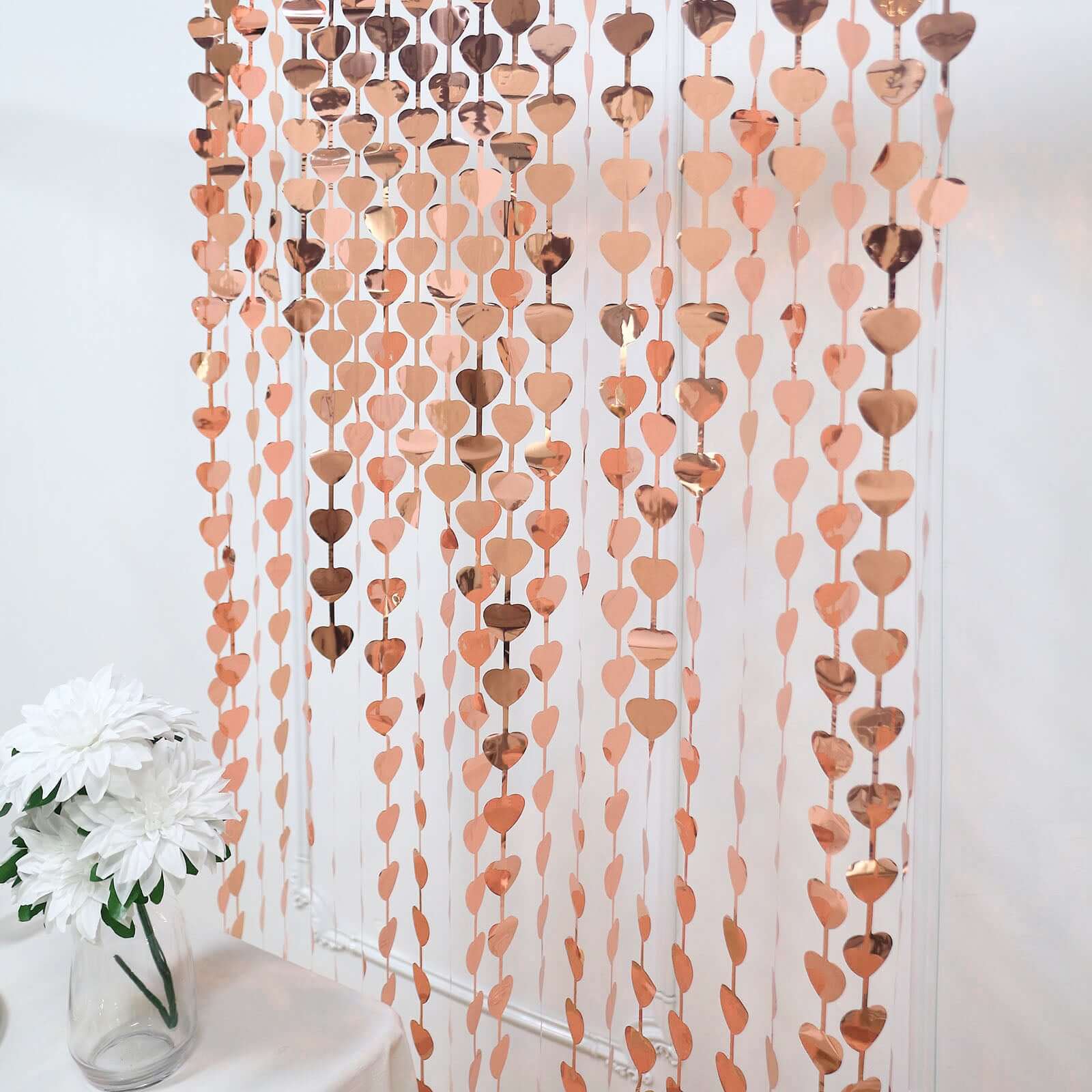 Rose Gold Heart Chain Foil Fringe Curtain Party Backdrop, Metallic Rose Gold Tinsel Streamer Party Decor - Door Window Foil Curtain - 3ftx6.5ft