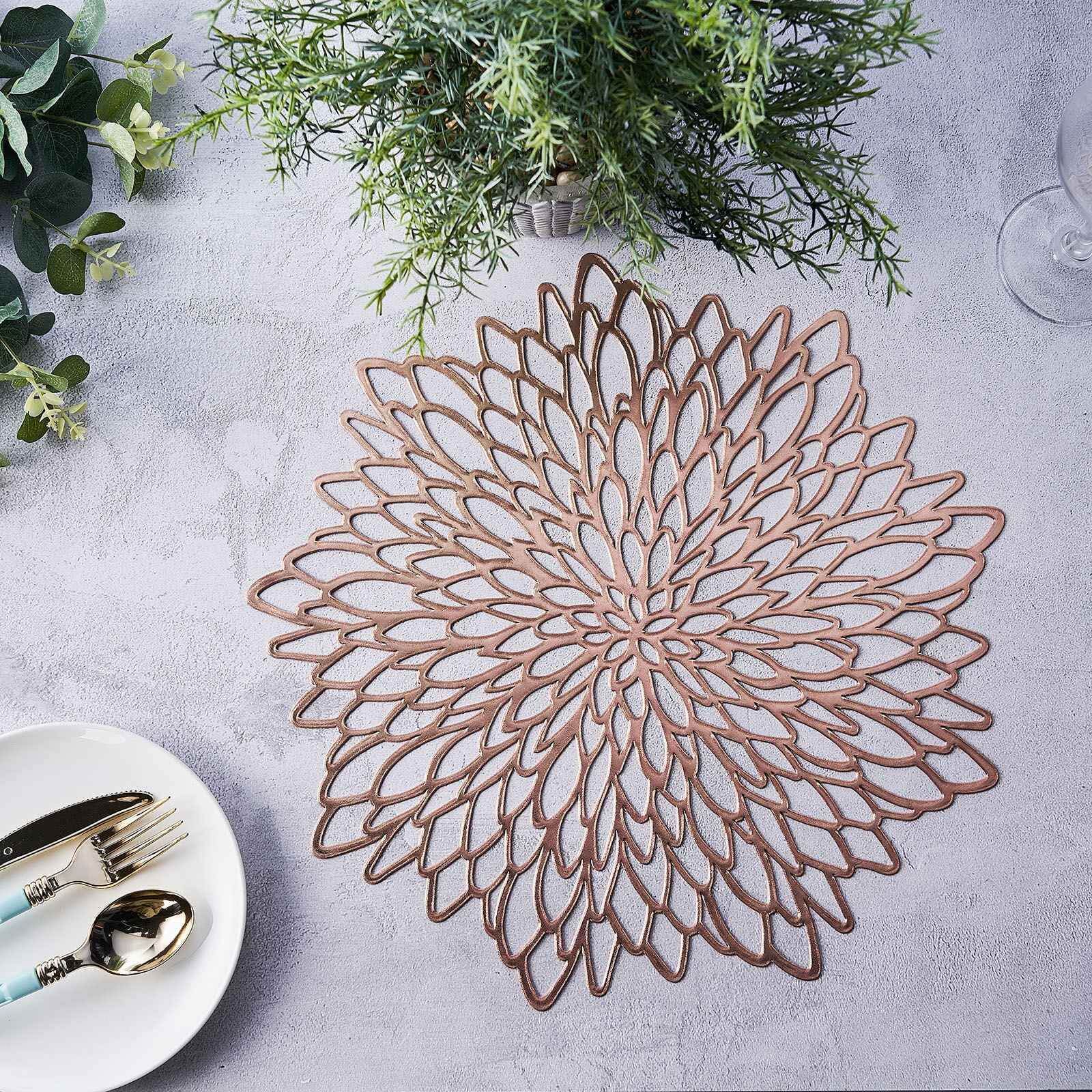 6-Pack Dining Table Mats Floral Design Rose Gold - Metallic Vinyl Round Non-Slip Mats for Tables 15"