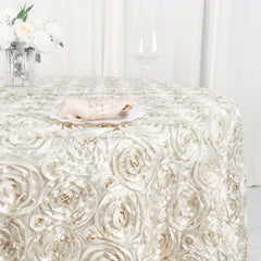 Satin 120" Round Tablecloth Ivory - Grandiose 3D Rosette with Seamless Finish Table Cover
