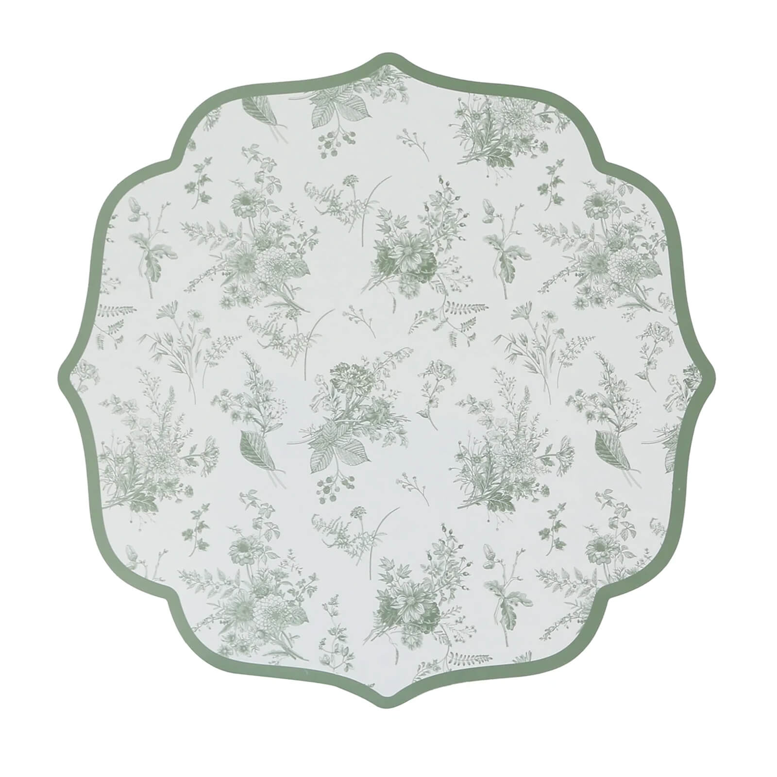 10 Pack Disposable Charger Plates White with Sage Green French Toile Pattern, 13" Cardboard Paper Placemats with Scalloped Rim
