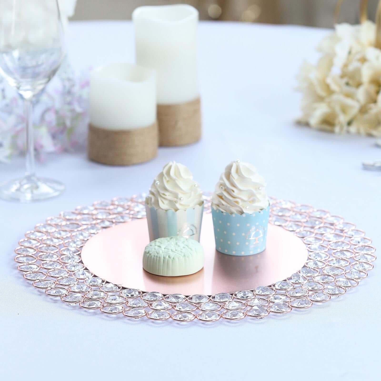 Wired Metal Round Charger Plate 14" in Rose Gold with Acrylic Crystal Beads, Glamorous Decorative Dinner Charger Tableware