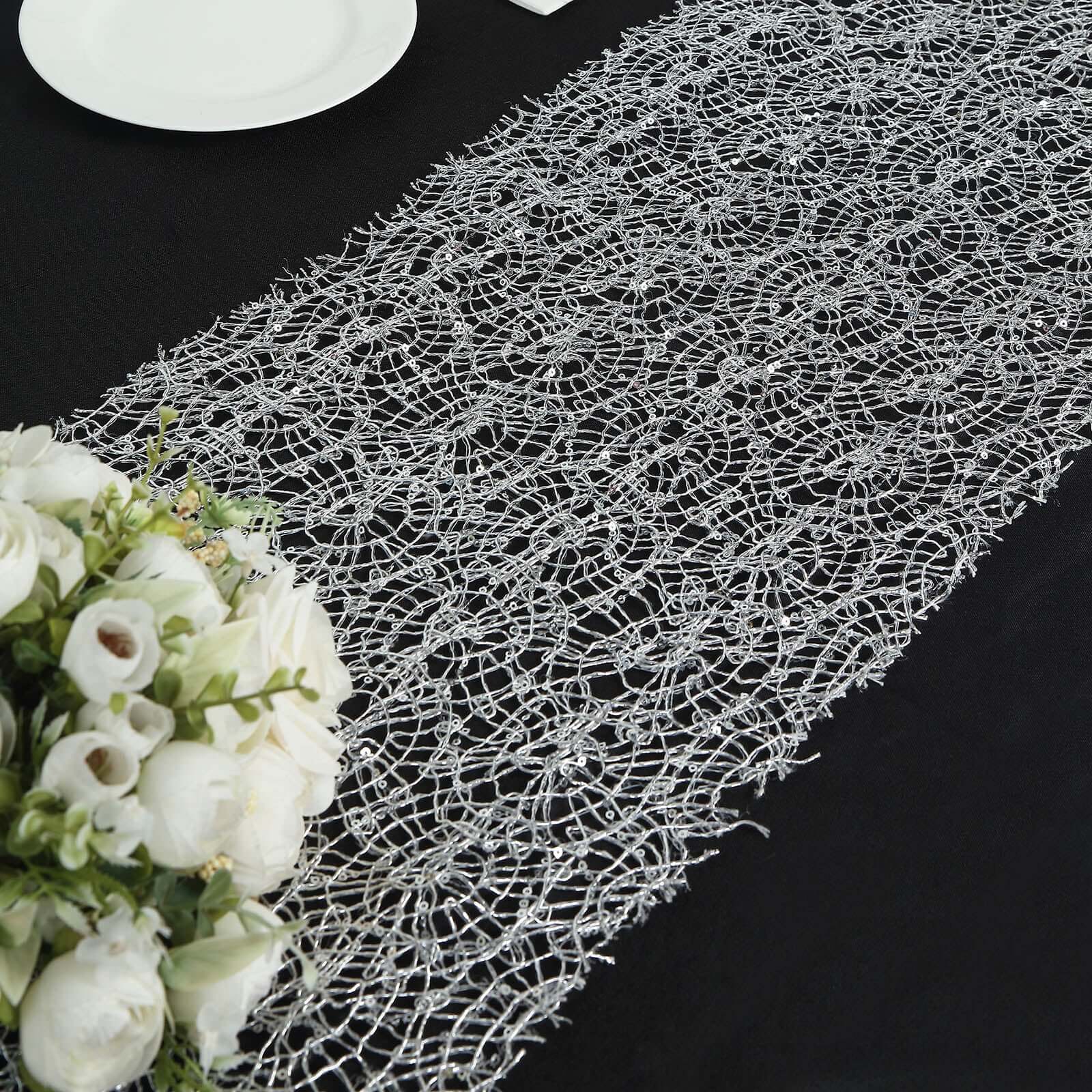 Mesh 12"x108" Table Runner Silver - Sequin Schiffli Lace Design for Stylish Celebrations