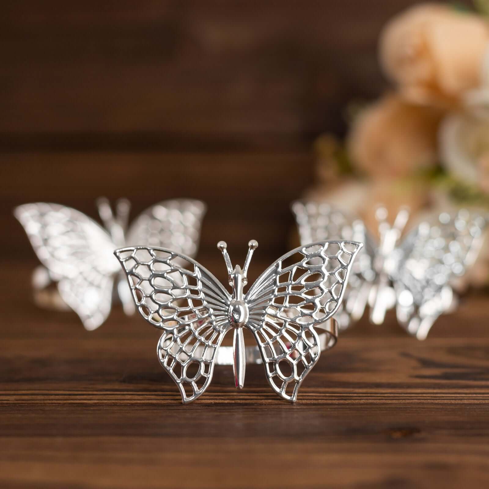 4 Pack Silver Metal Butterfly Napkin Rings, Decorative Laser Cut Cloth Napkin Holders