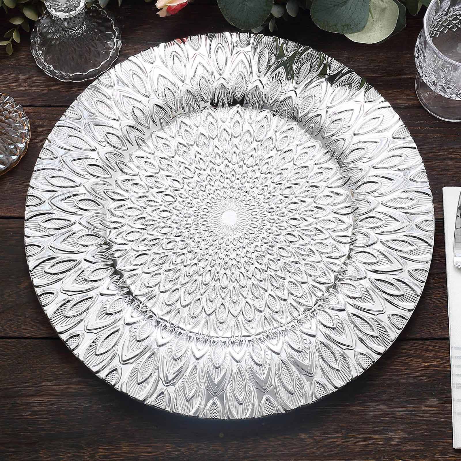 6-Pack Plastic Round Charger Plates 13" in Silver with Embossed Peacock Pattern, Stylish Disposable Charger Tableware