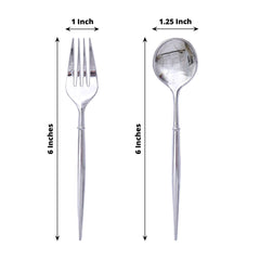 24-Pack Plastic Fork and Spoon Set Metallic Silver - Heavy Duty Disposable Modern Utensils 6"