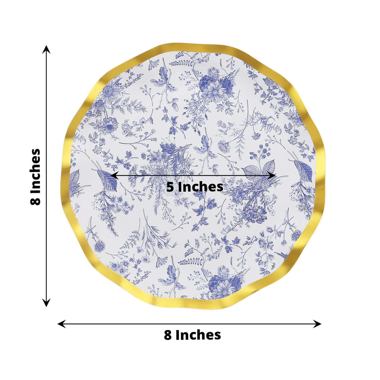 25-Pack Paper Round Dessert Plates 8" in White with Blue French Toile Pattern & Gold Wavy Rim - Disposable 350GSM Salad Plates