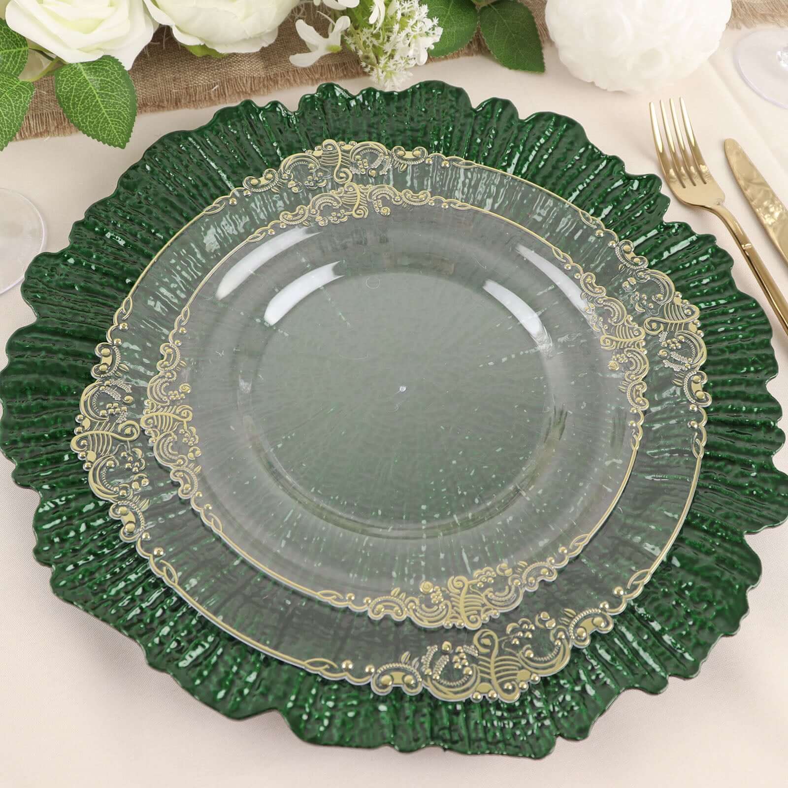 6-Pack Acrylic Plastic Round Charger Plates 13" in Hunter Emerald Green with Reef Design, Dinner Charger Tableware