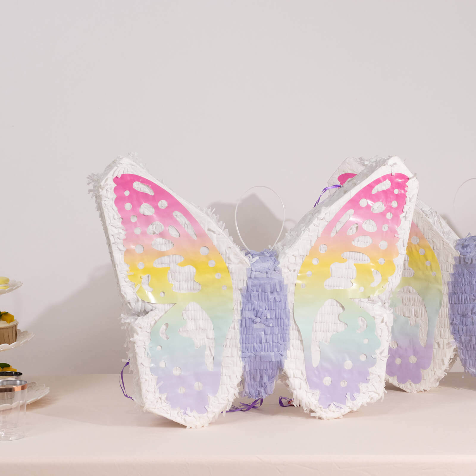 Expandable White Lilac Paper Butterfly Pinata Hanging Decor with Pastel Colored Wings, Fairy Themed Birthday Party Pinata - 23"x19"