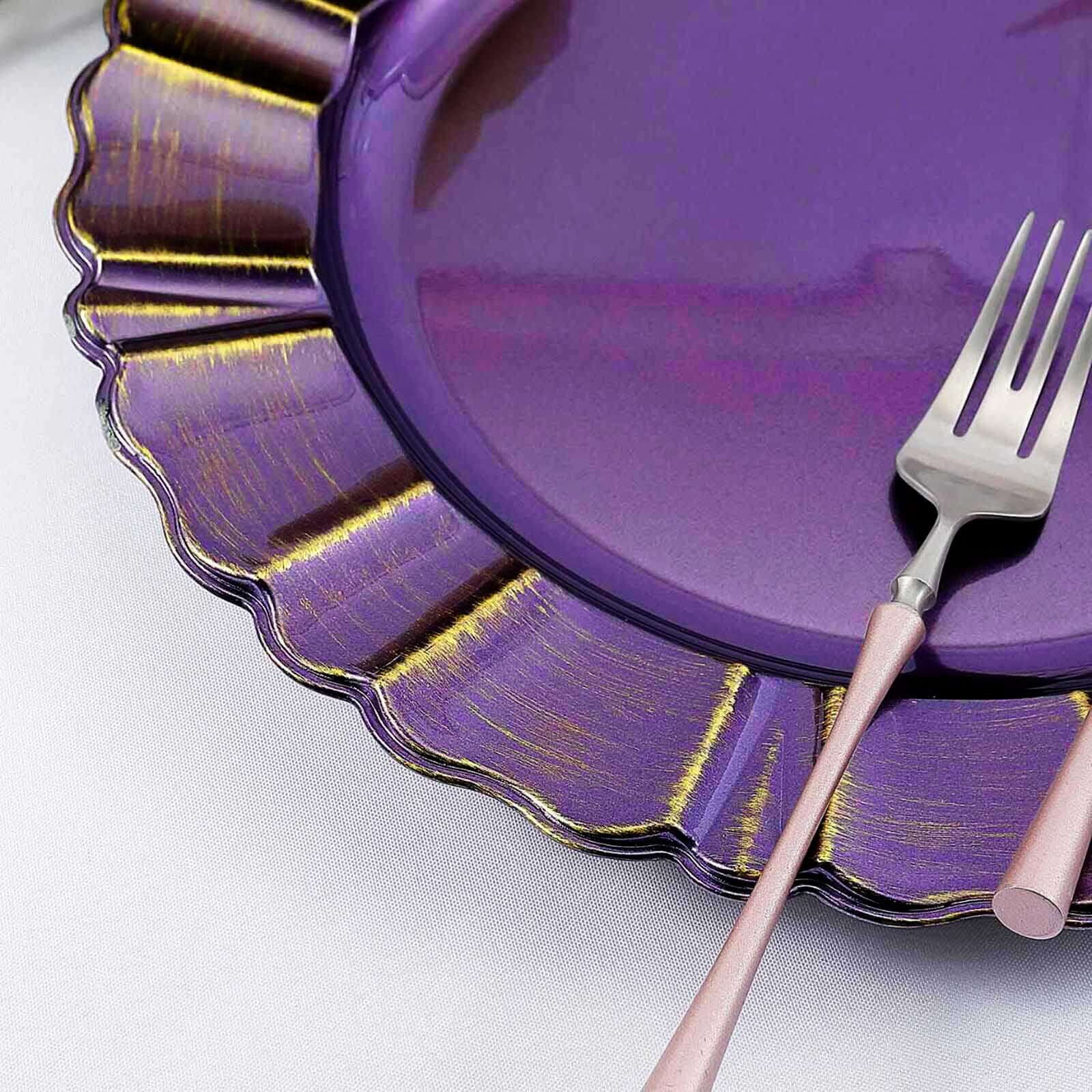 6-Pack Acrylic Plastic Round Charger Plates 13" in Purple with Gold Brushed Wavy Scalloped Rim, Decorative Dinner Party Charger Tableware
