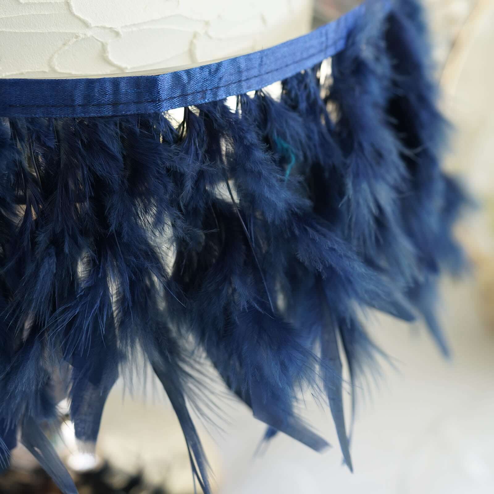 39" Navy Blue Real Turkey Feather Fringe Trim With Satin Ribbon Tape