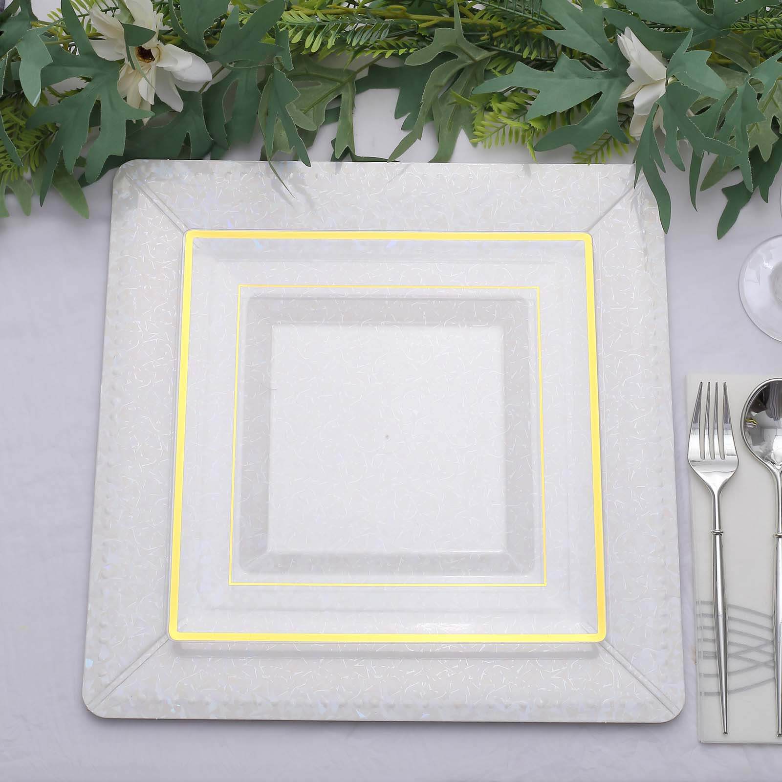 10-Pack Disposable Square Charger Plates in Iridescent with Leather Like Texture - 1100GSM Durable Paper Chargers 13"