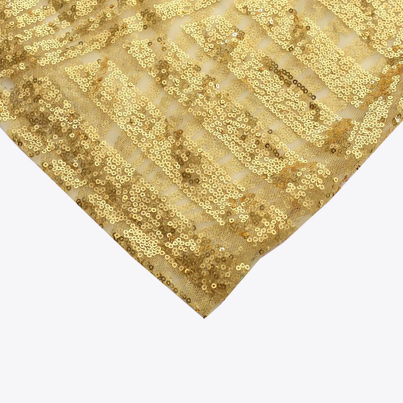Set of 5 Gold Sequin Mesh Cylinder Pedestal Stand Covers with Geometric Pattern Embroidery, Sparkly Sheer Tulle Pillar Prop Covers