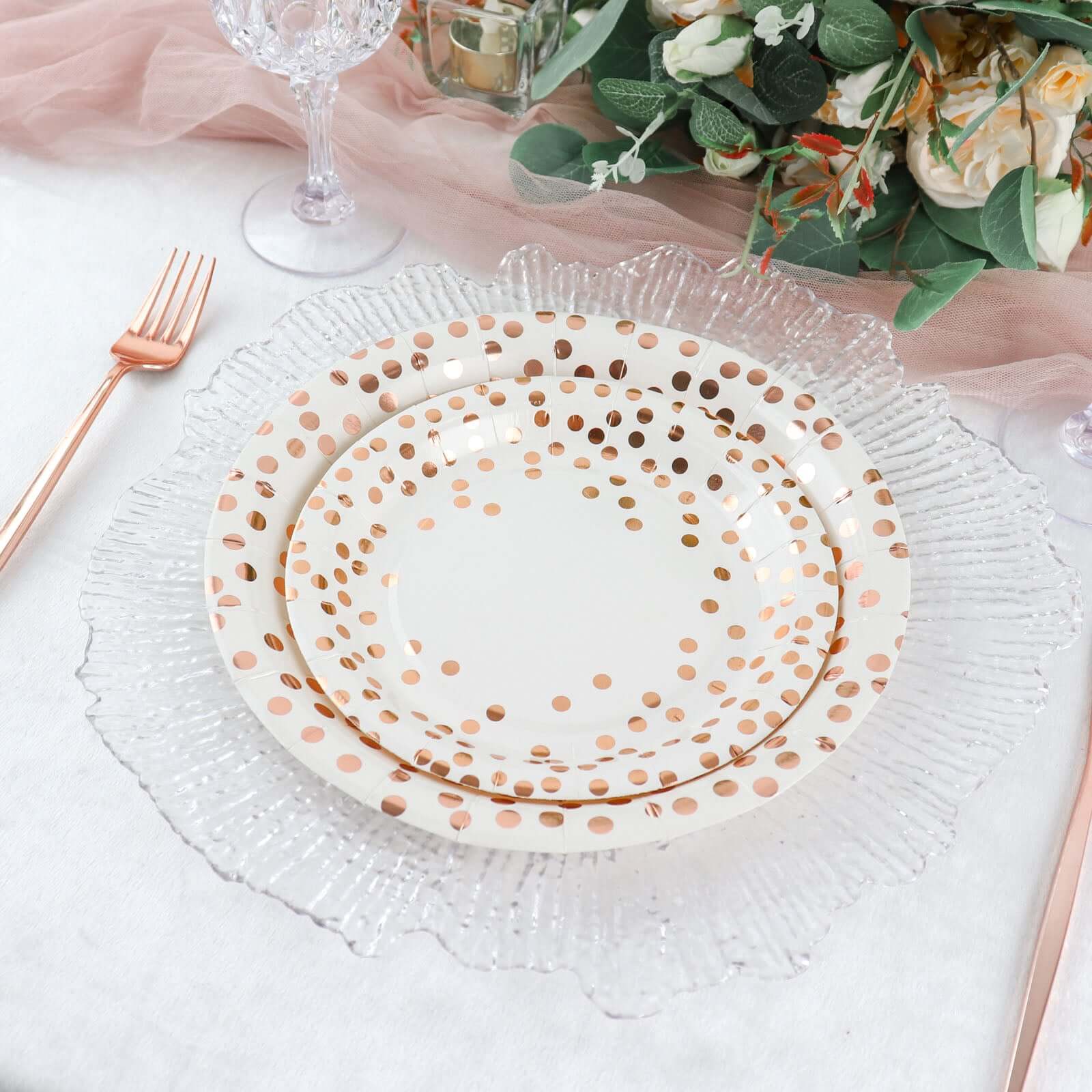 25-Pack Paper Round Dinner Plates 9" White with Metallic Rose Gold Polka Dots - Disposable 300GSM Party Plates for Banquets & Celebrations