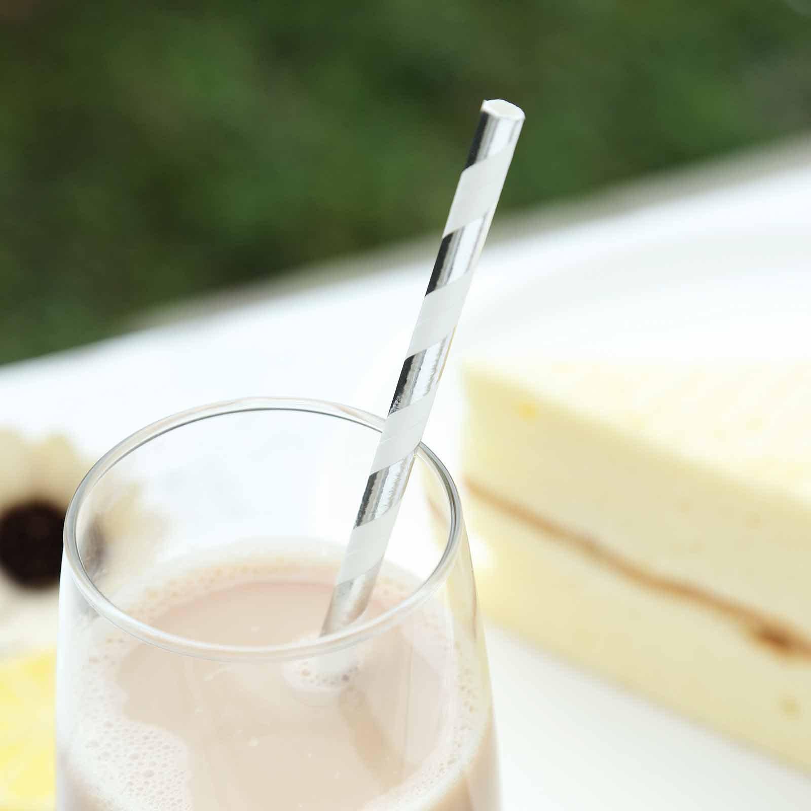 25-Pack Paper Straws White/Silver Striped - Stylish Disposable Straws for Drinks 8"