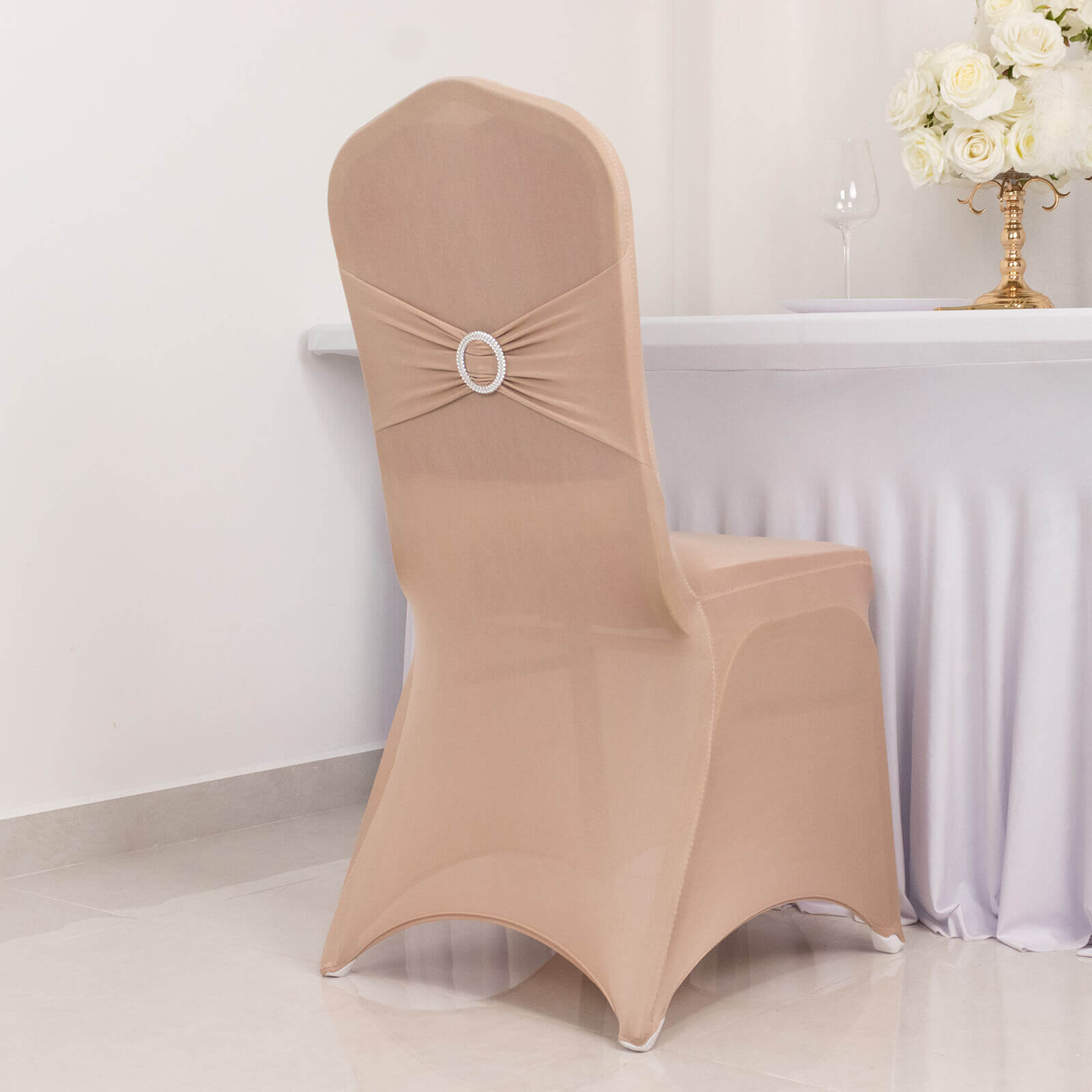 Spandex Chair Cover with Silver Rhinestone Buckled Sash Band Nude - Stretch Fitted Slipcover