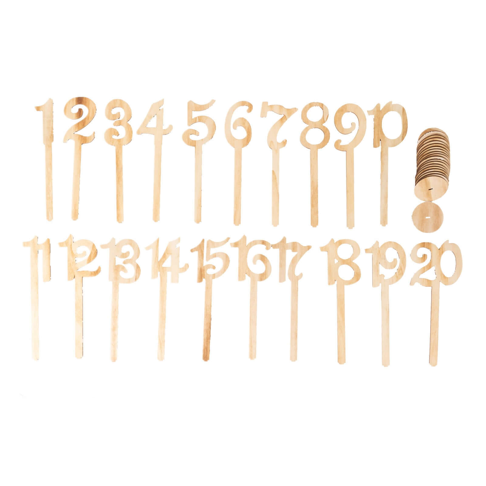 Set of 20 Wooden Wedding Table Numbers Natural 1-20 with Round Holder Base - Rustic Table Signs for Receptions 11" Tall