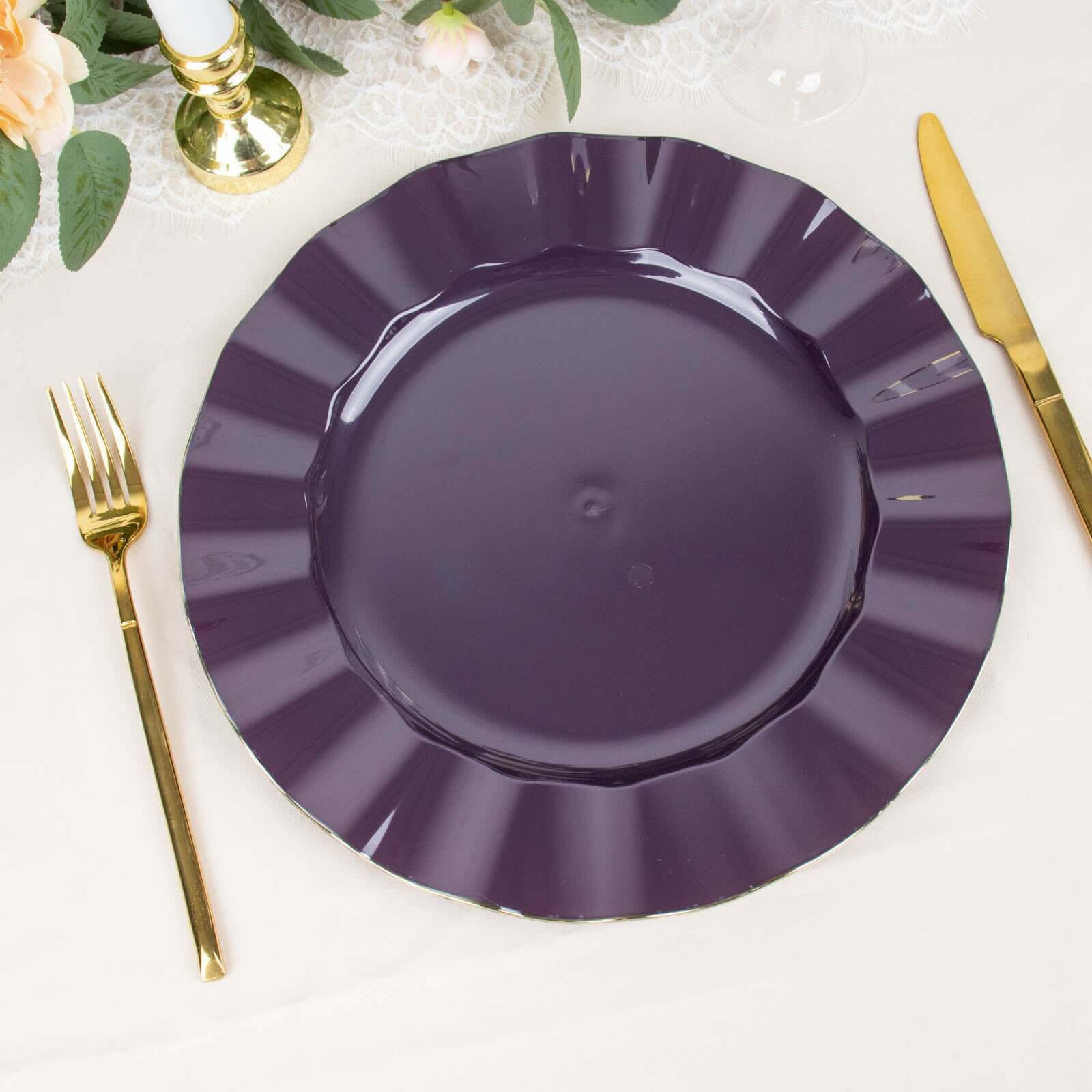 10-Pack Plastic 11" Round Dinner Plates in Purple Ruffled Rim with Gold Edging - Sturdy Disposable Dinnerware