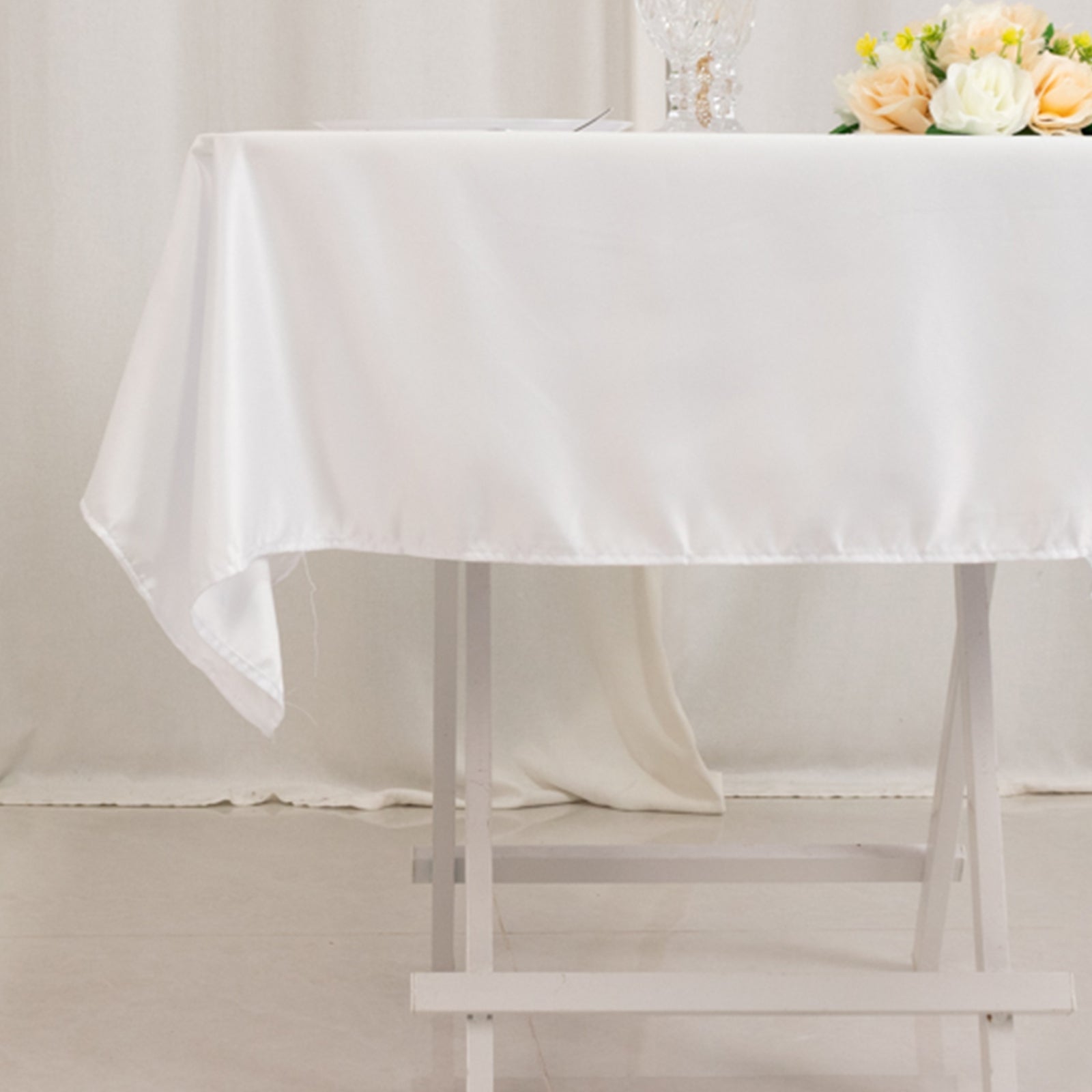 Lamour Satin 54"x54" Square Tablecloth White - Durable & Silk-Like Table Cover for Weddings & Parties
