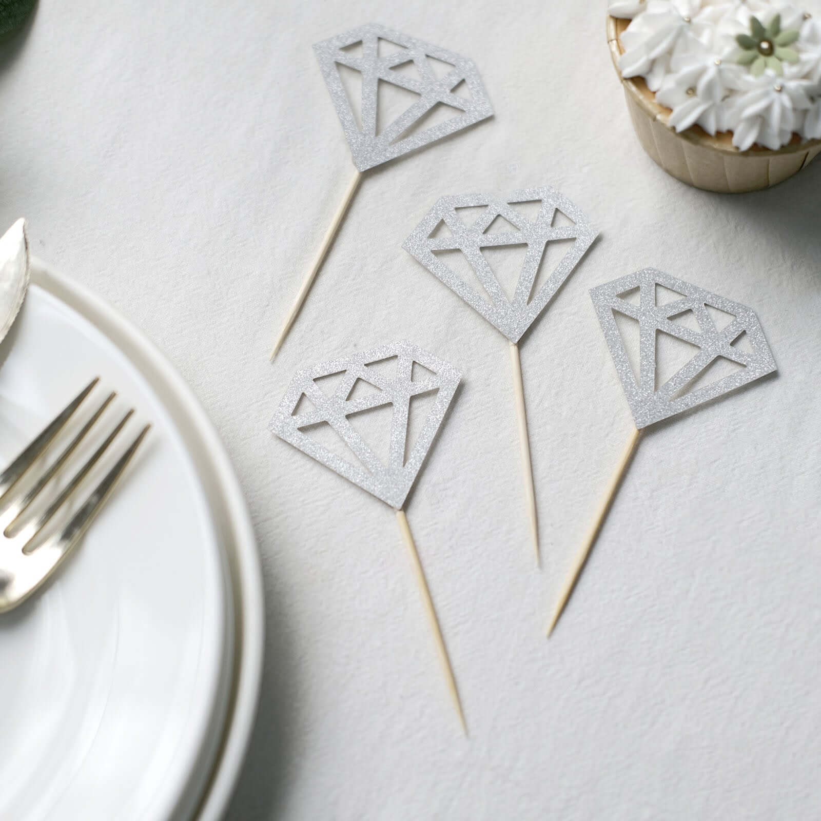 24-Pack Cupcake Toppers Diamond Ring Design Glitter Silver - Party Cake Picks Engagement Decoration Supplies