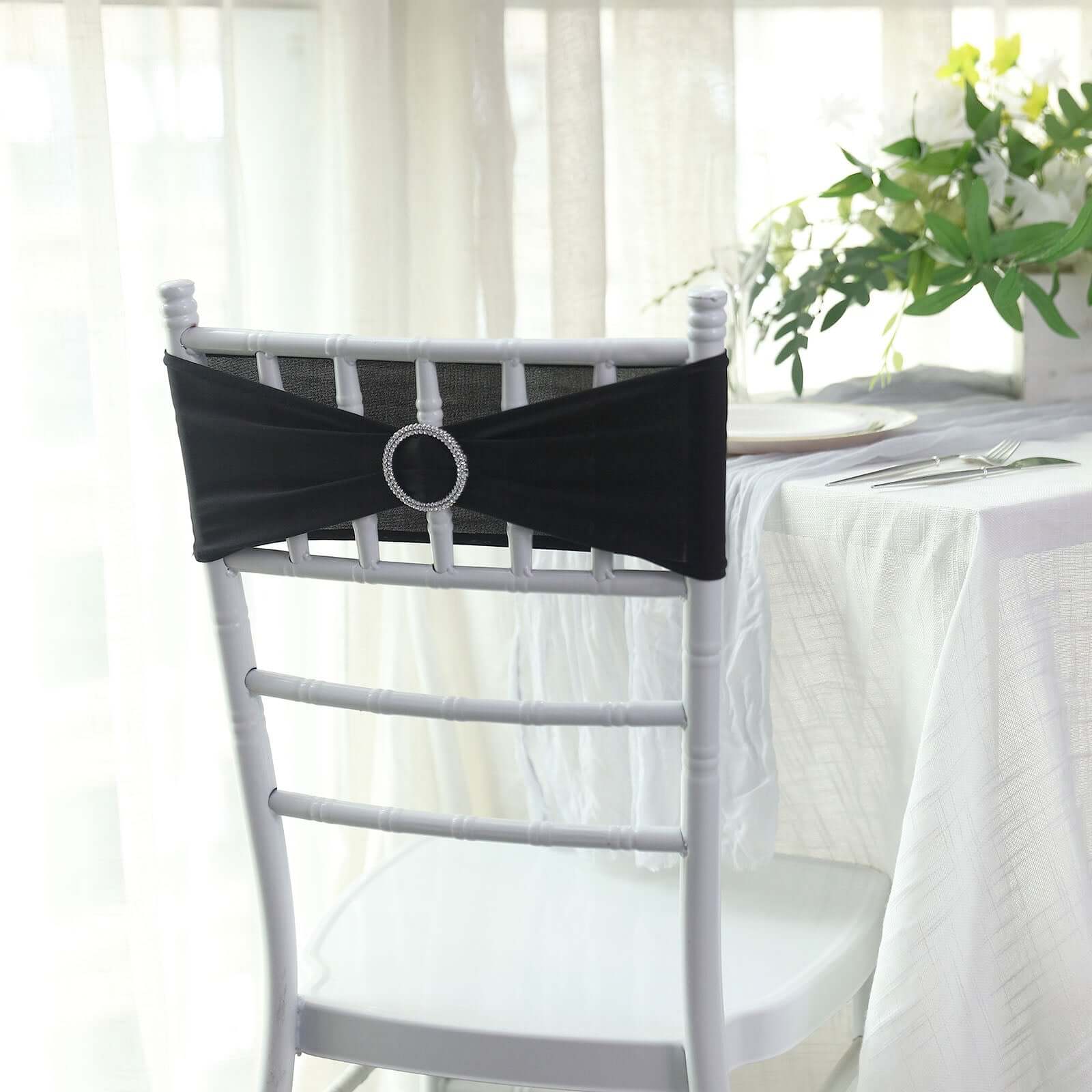 5 Pack Stretch Spandex Chair Sashes Black - Classy Reusable Chair Bands with Silver Diamond Ring Slide Buckle 5"x14"