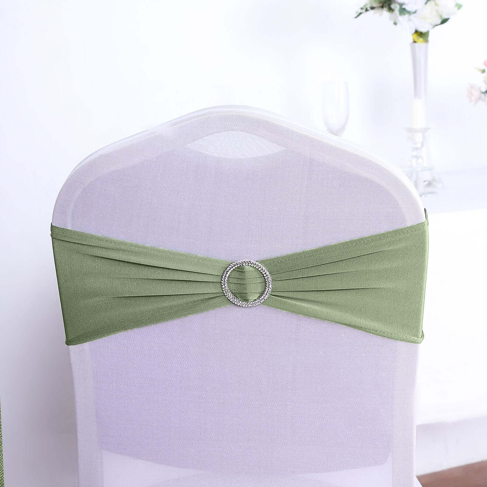 5 Pack Stretch Spandex Chair Sashes Dusty Sage Green - Reusable Chair Bands with Silver Diamond Ring Slide Buckle 5"x14"