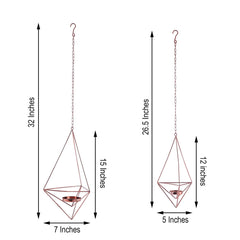 Set of 2 Hanging Tealight Candle Holders Rose Gold Metal Diamond Geometric Open Frame - Flower Terrariums 12", 15"