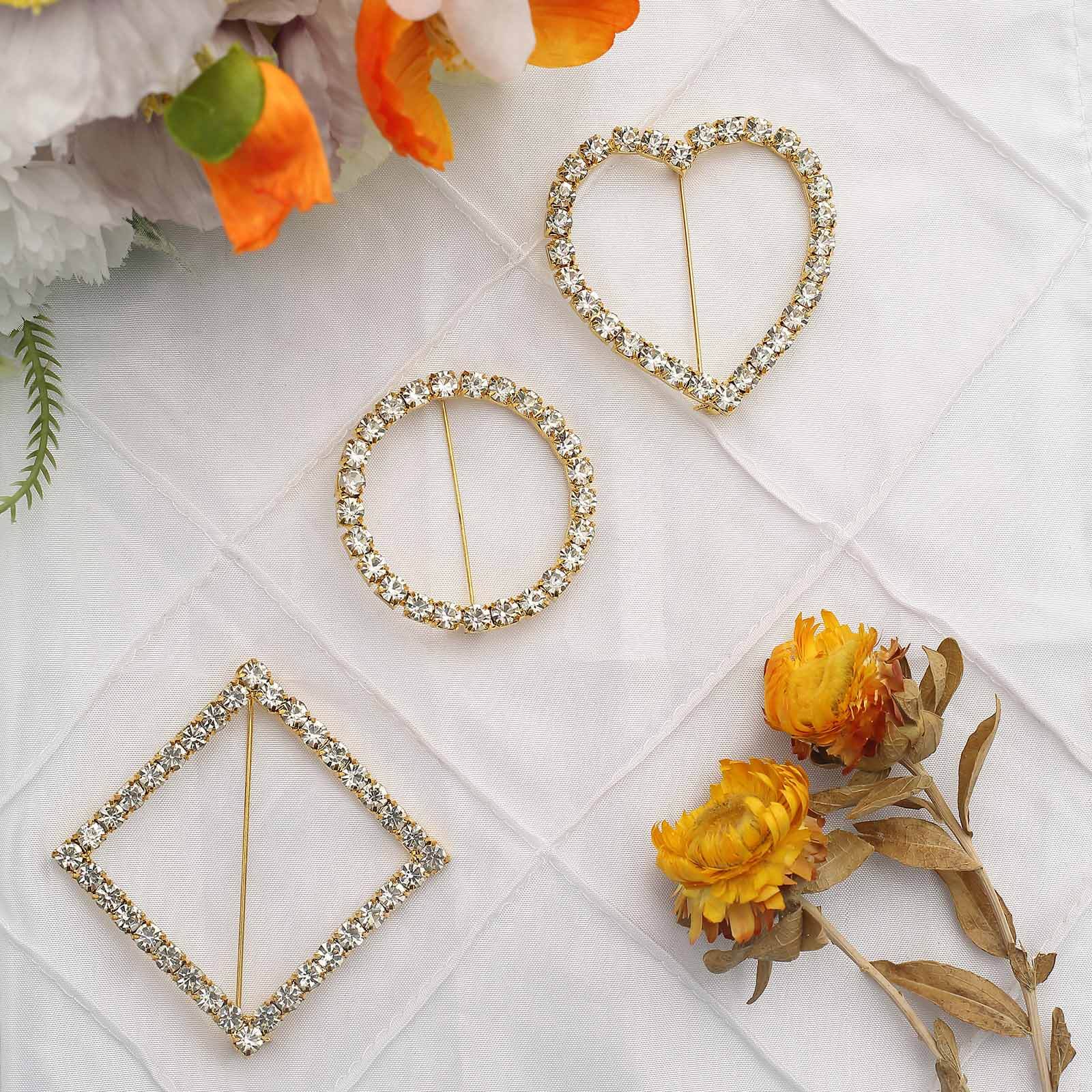 Rhinestone Chair Sash Band Buckle Gold 2" Circle Metal - Glittering Diamond Bow Pin for Chair Sashes & Wedding Decor