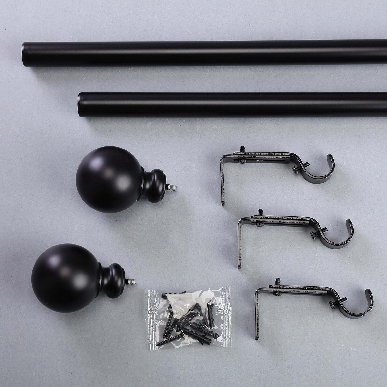 42"-126" Adjustable Curtain Rod Sets, Black, Round Finials