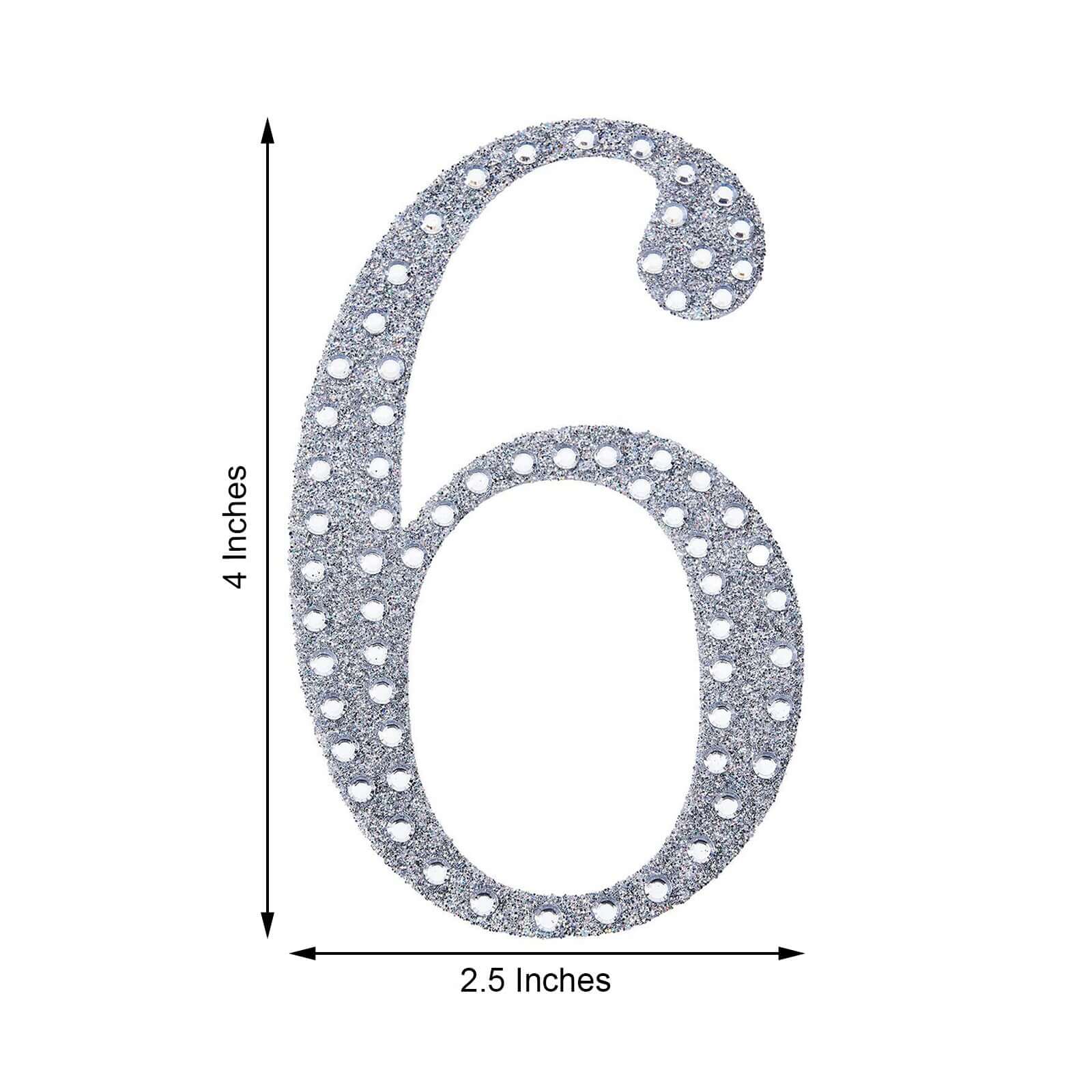 Decorative Rhinestone Number "6" Stickers, Glitter Adhesive Craft Numbers Silver DIY Sparkle Embellishments 4"